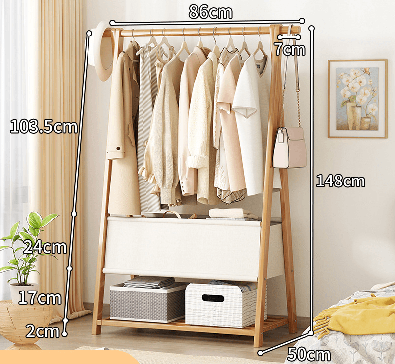 Bamboo Clothes Rack with Storage Bag and Accessory Shelf - 86 cm