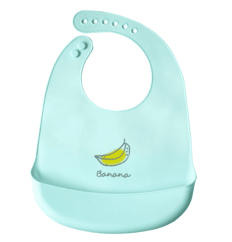 Silicone bib with a pocket for children - mint, banana pattern