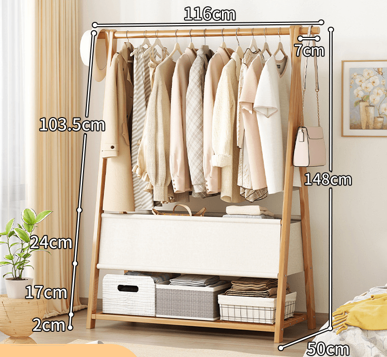 Bamboo Clothes Rack with Storage Bag and Accessory Shelf - 116 cm