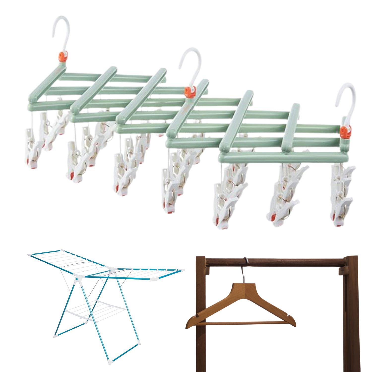 Practical Folding Clothes Hanger with Clips, 29 Clips, green