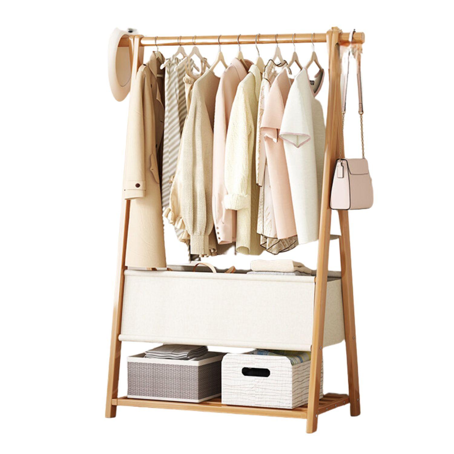 Bamboo Clothes Rack with Storage Bag and Accessory Shelf - 86 cm