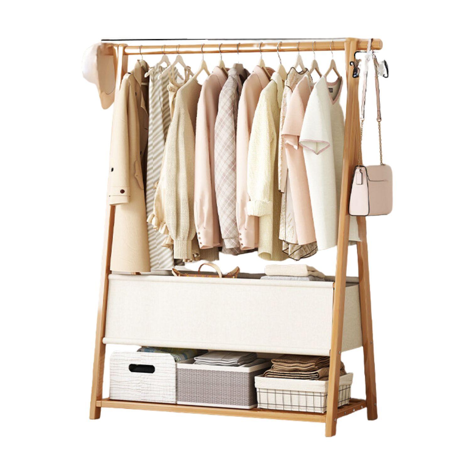 Bamboo Clothes Rack with Storage Bag and Accessory Shelf - 116 cm