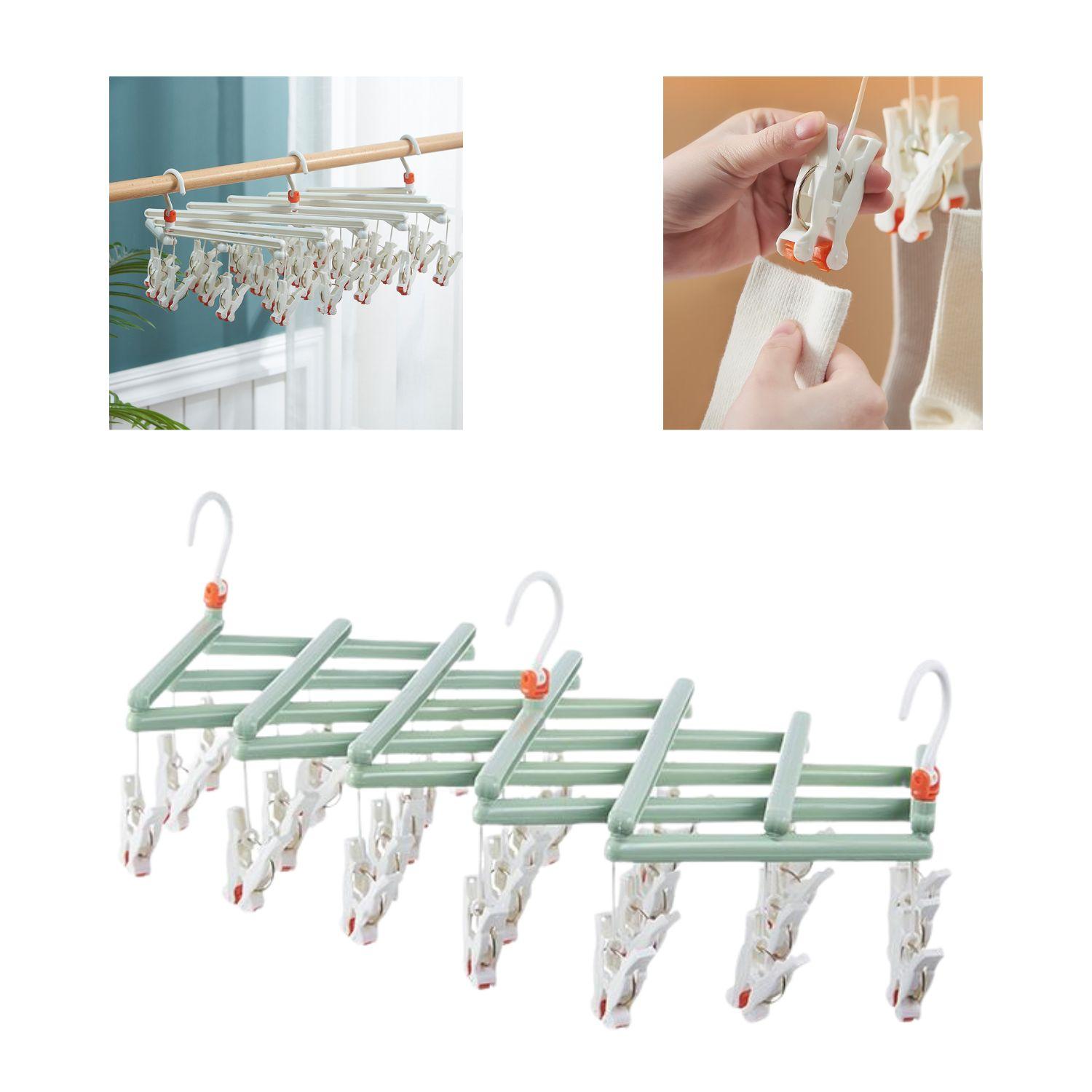 Practical Folding Clothes Hanger with Clips, 29 Clips, green