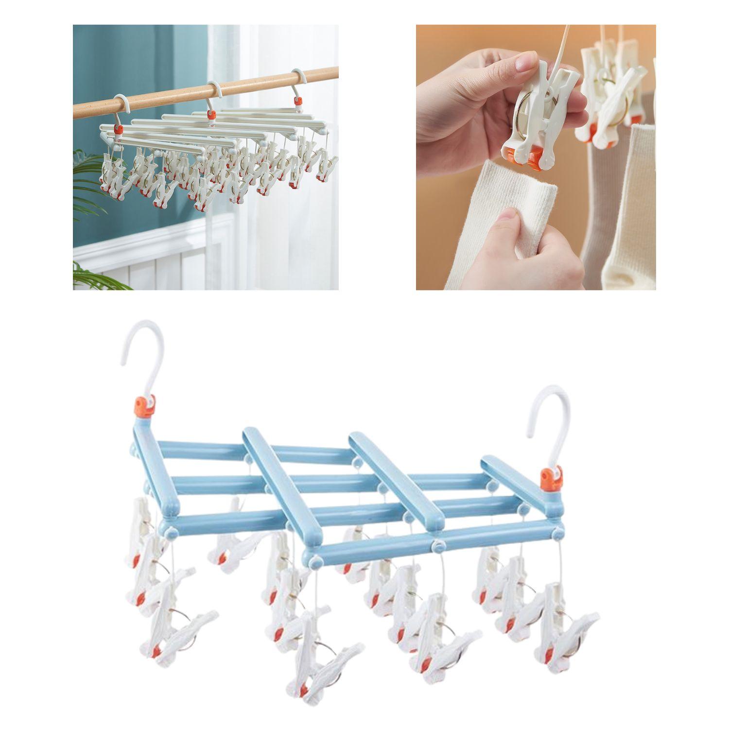 Practical Folding Clothes Hanger with Clips, 14 Clips, Light Blue