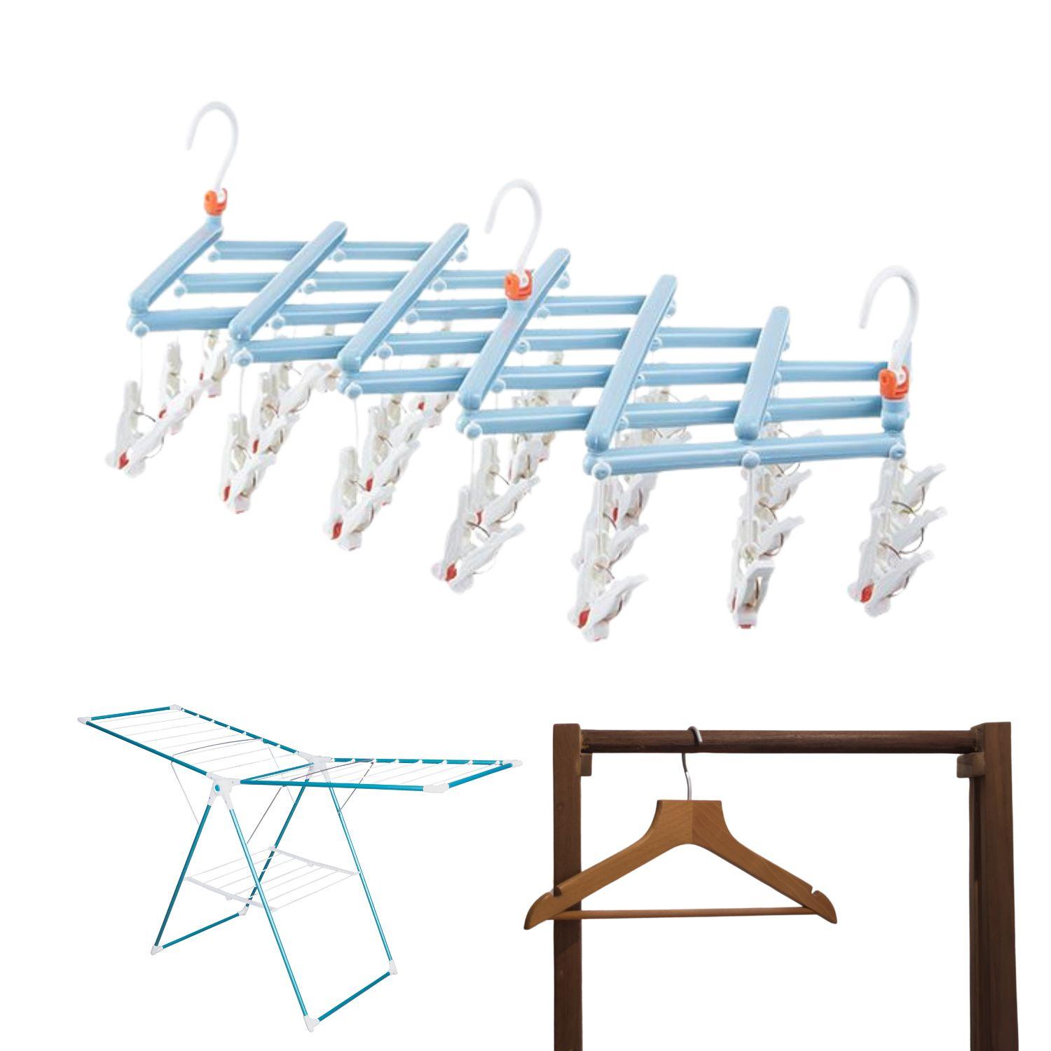 Practical Folding Clothes Hanger with Clips, 29 Clips, light blue