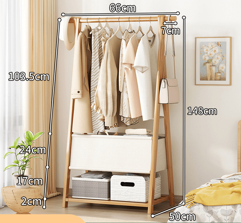 Bamboo Clothes Rack with Storage Bag and Accessory Shelf - 66 cm