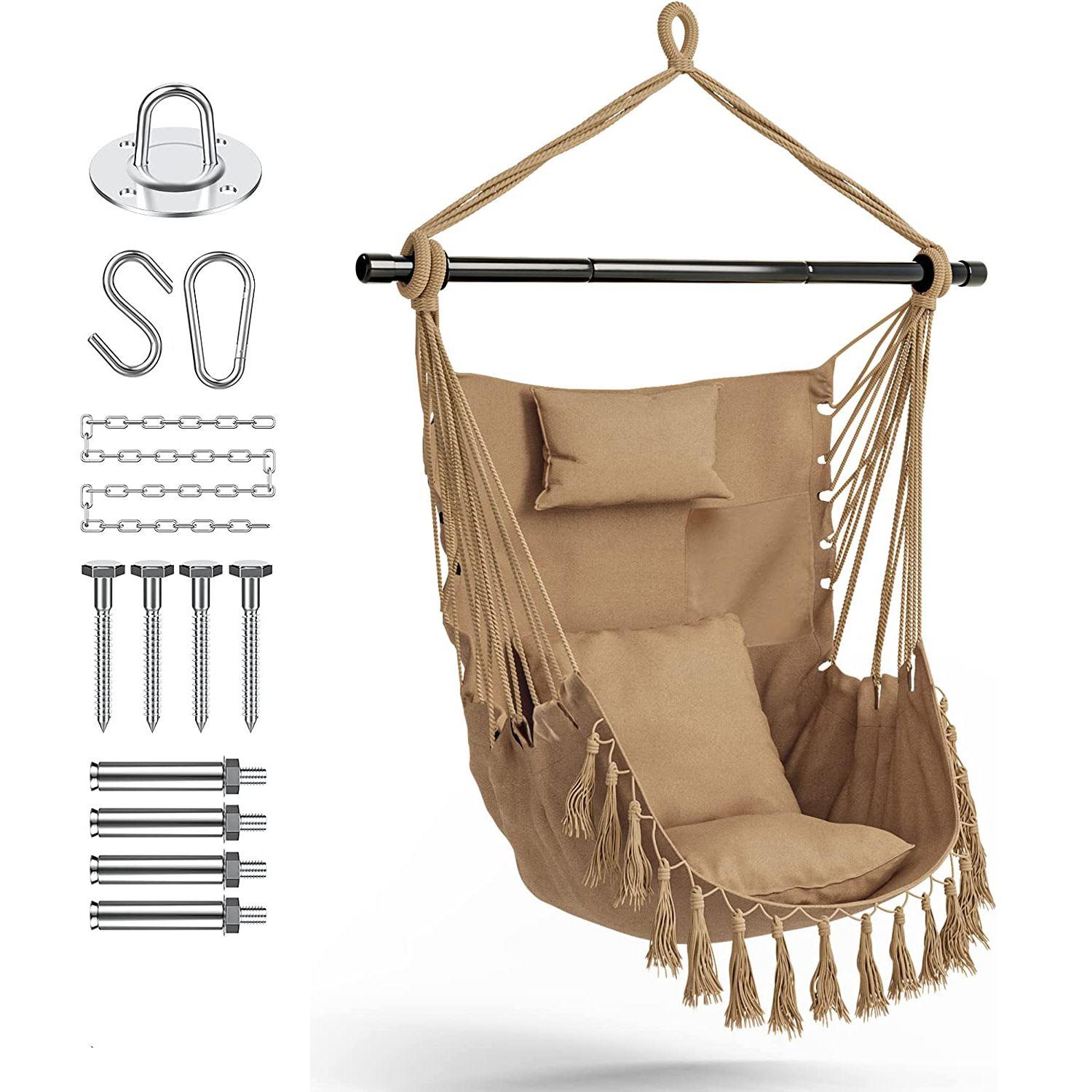 Hanging cotton swing with fringes for the room in the garden - beige + assembly kit