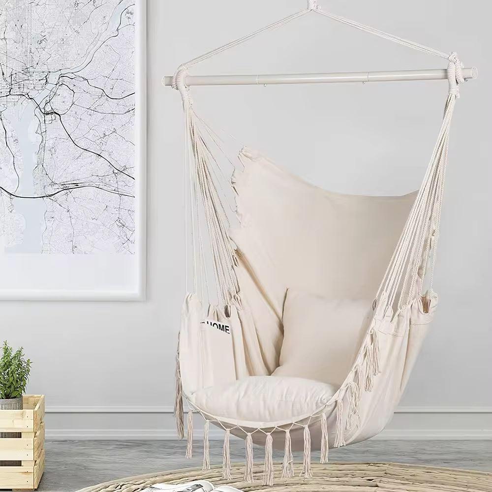 Hanging cotton swing with fringes for the garden room - white + assembly kit