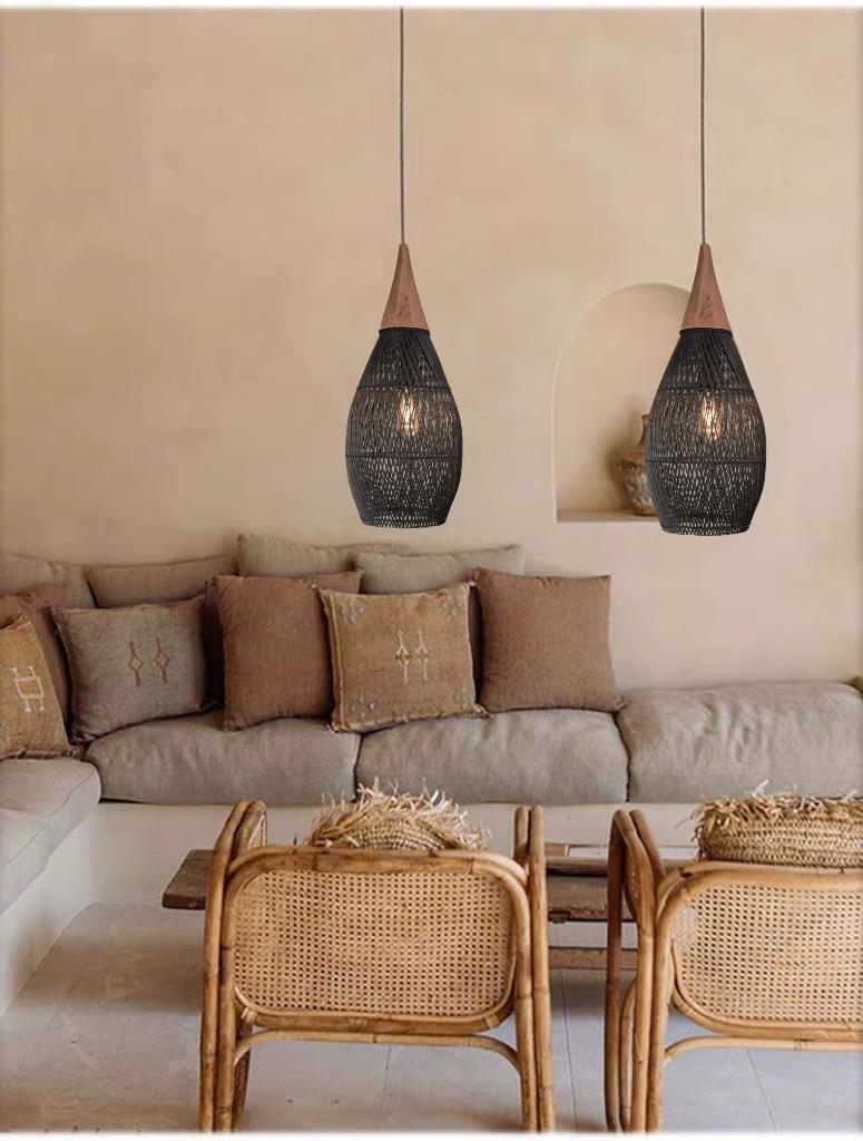 Rustic Rattan Pendant Lamp - 35 cm (Black Color)