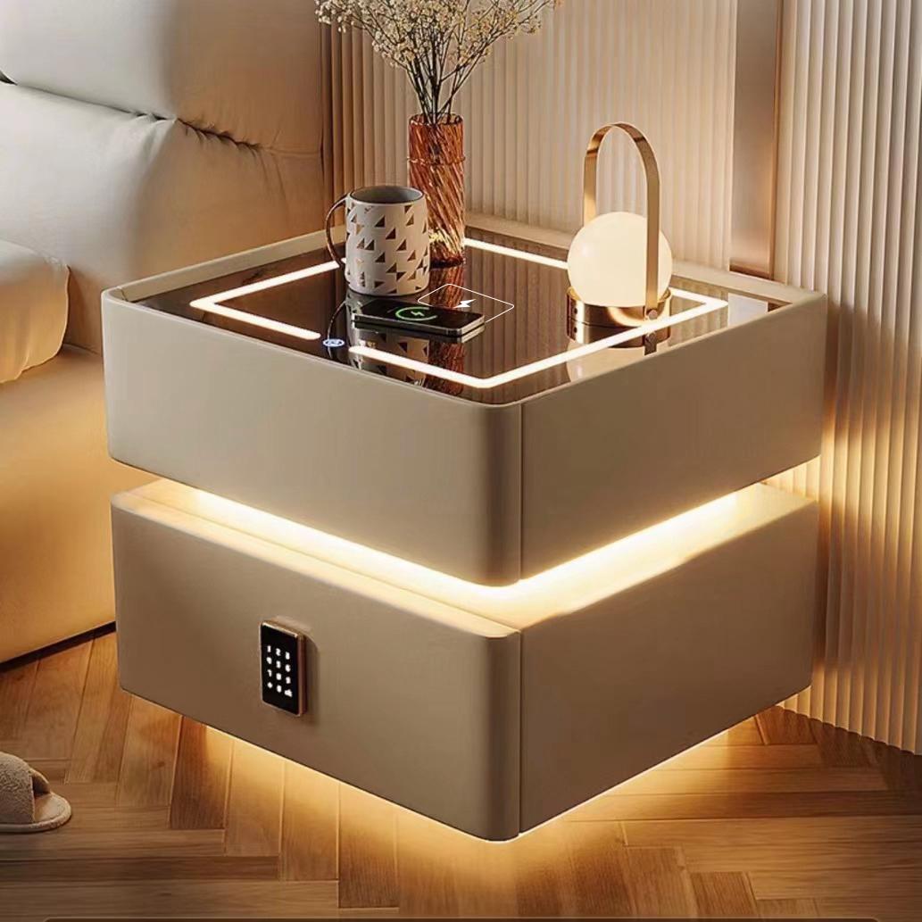 Smart Nightstand with LED Lighting and Wireless Charging - dark beige