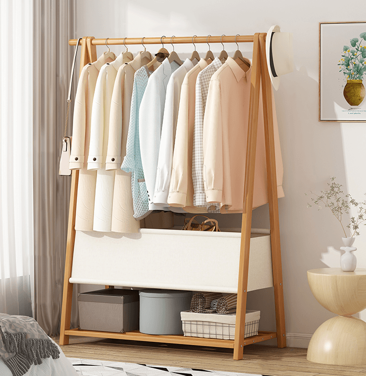 Bamboo Clothes Rack with Storage Bag and Accessory Shelf - 86 cm