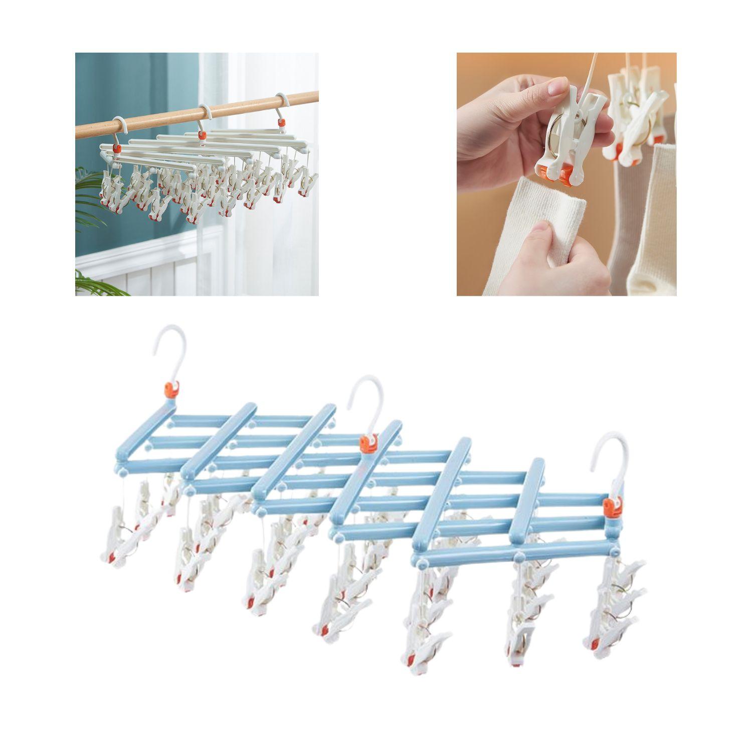 Practical Folding Clothes Hanger with Clips, 29 Clips, light blue