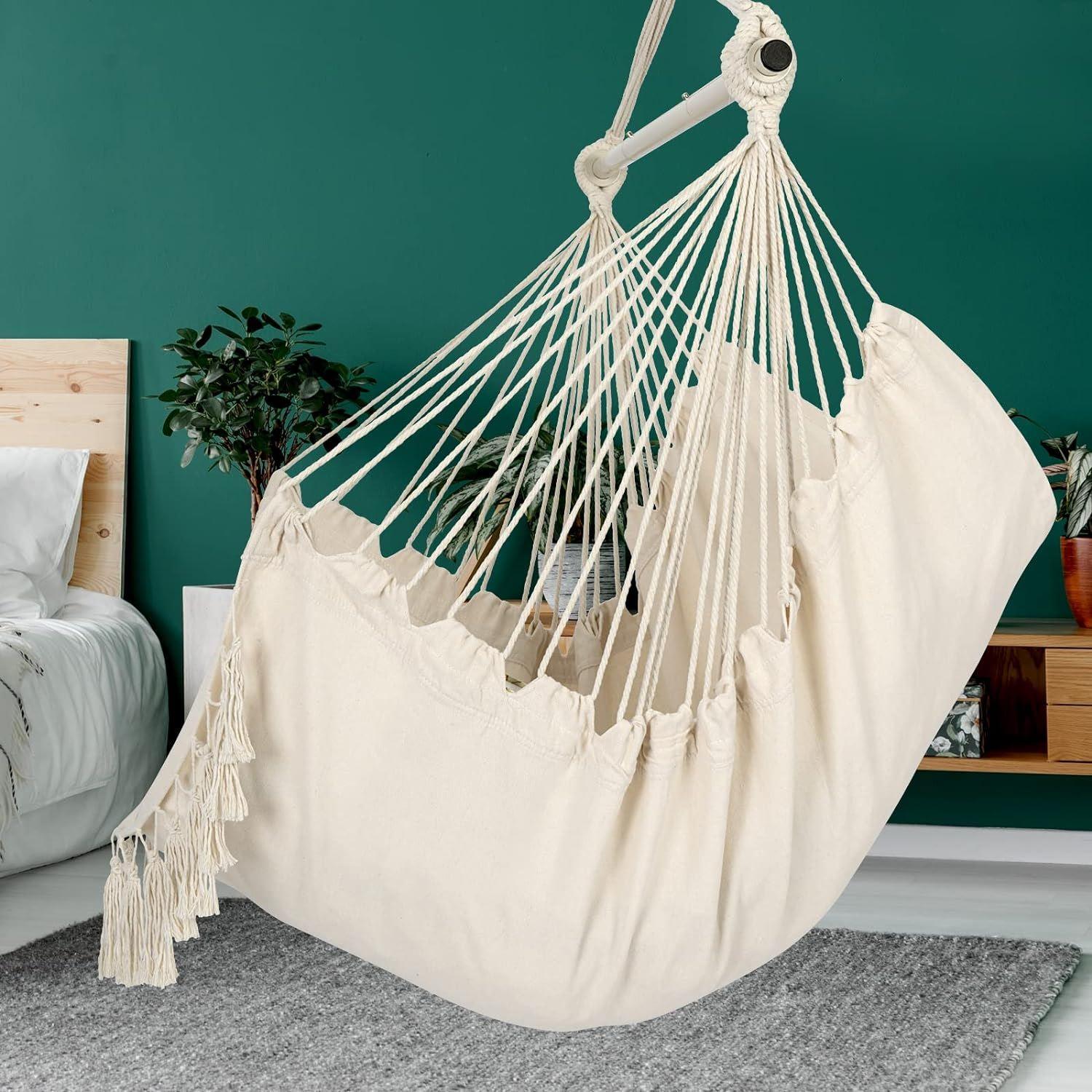 Hanging cotton swing with fringes for the garden room - white + assembly kit