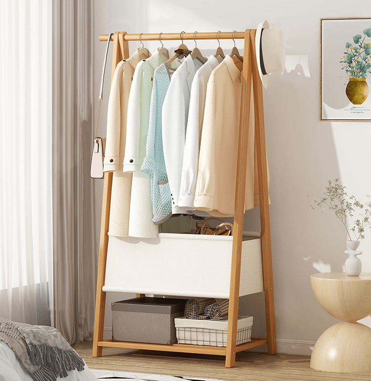 Bamboo Clothes Rack with Storage Bag and Accessory Shelf - 66 cm