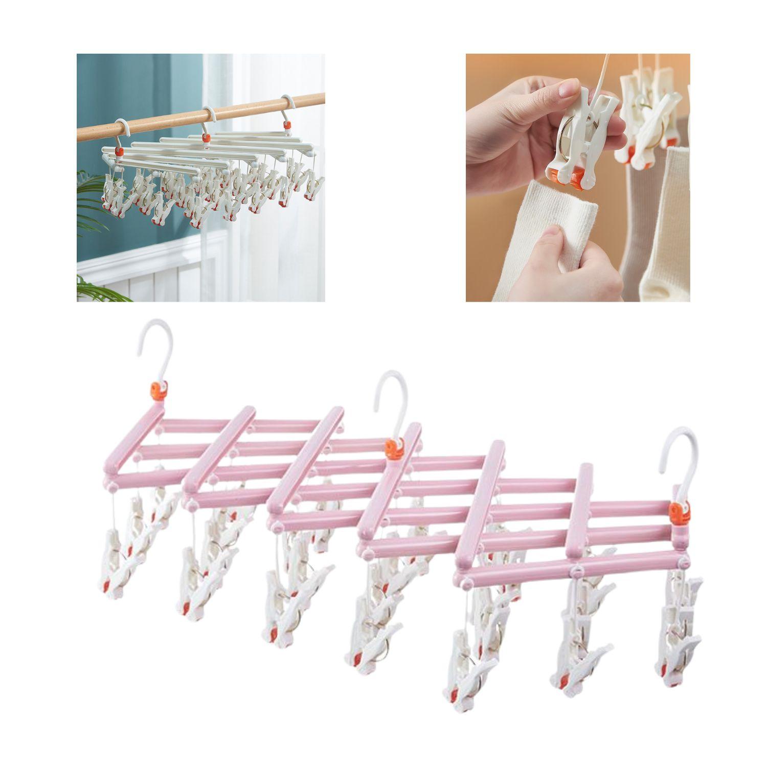 Practical Folding Clothes Hanger with Clips, 29 Clips, pink