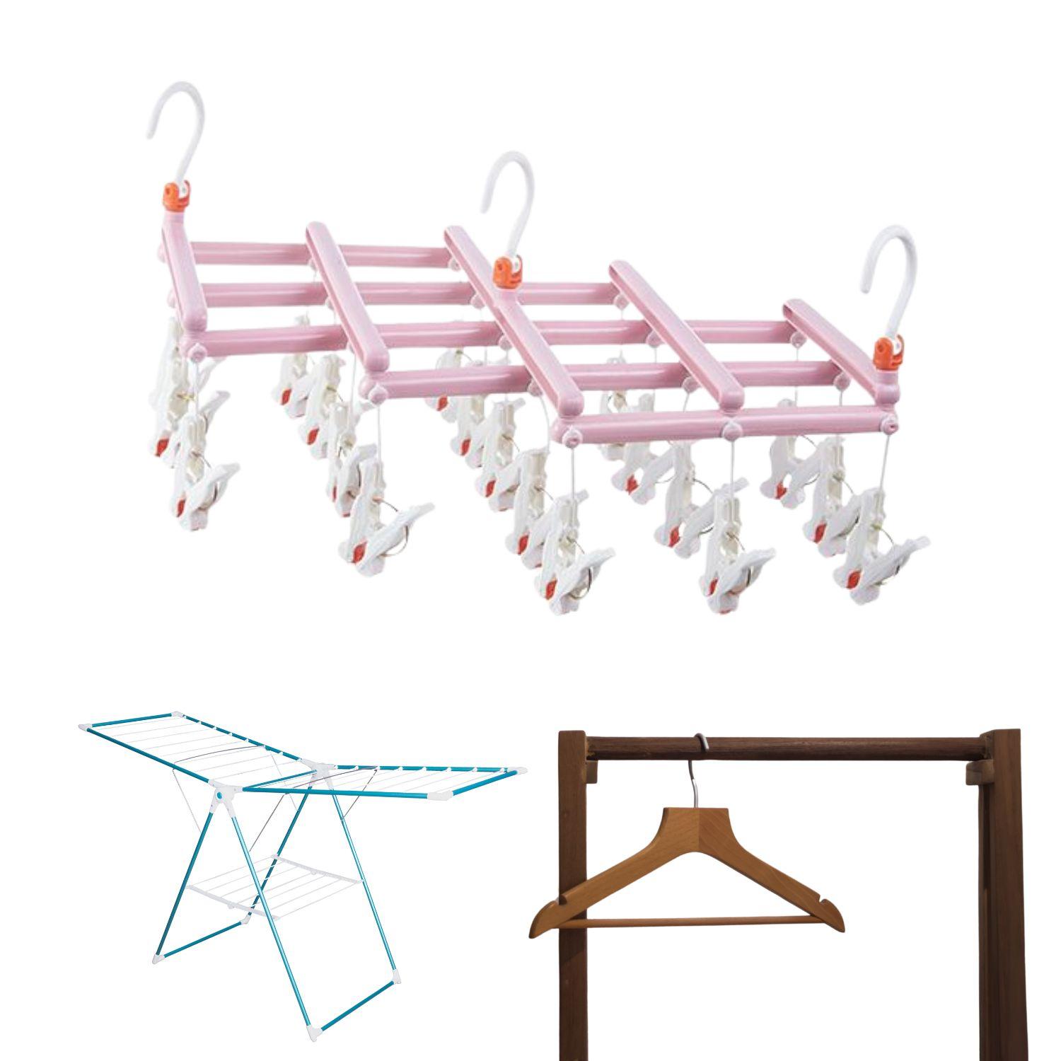 Practical Folding Clothes Hanger with Clips, 19 Clips, pink