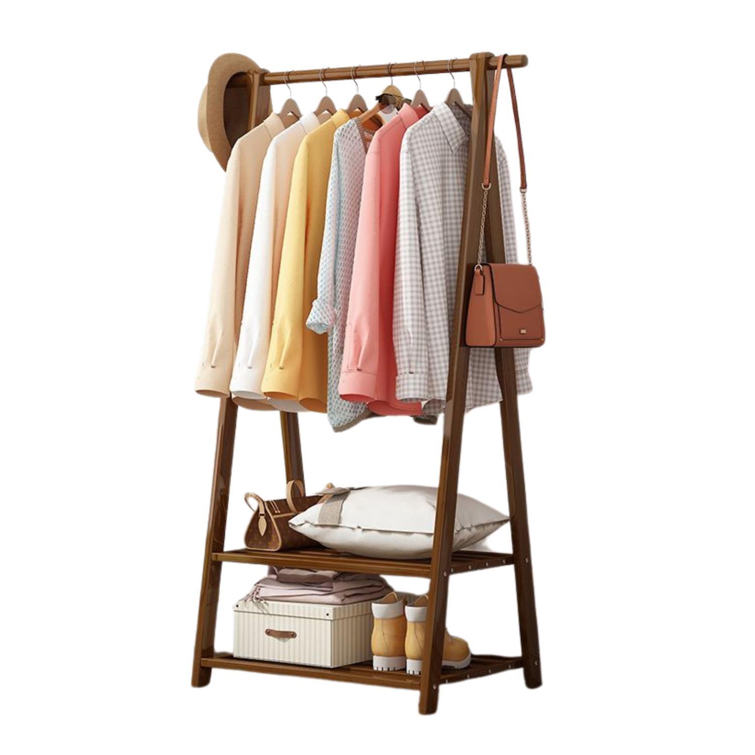 Bamboo free-standing trapezoidal clothes rack with 2-level shelves, width 66 cm