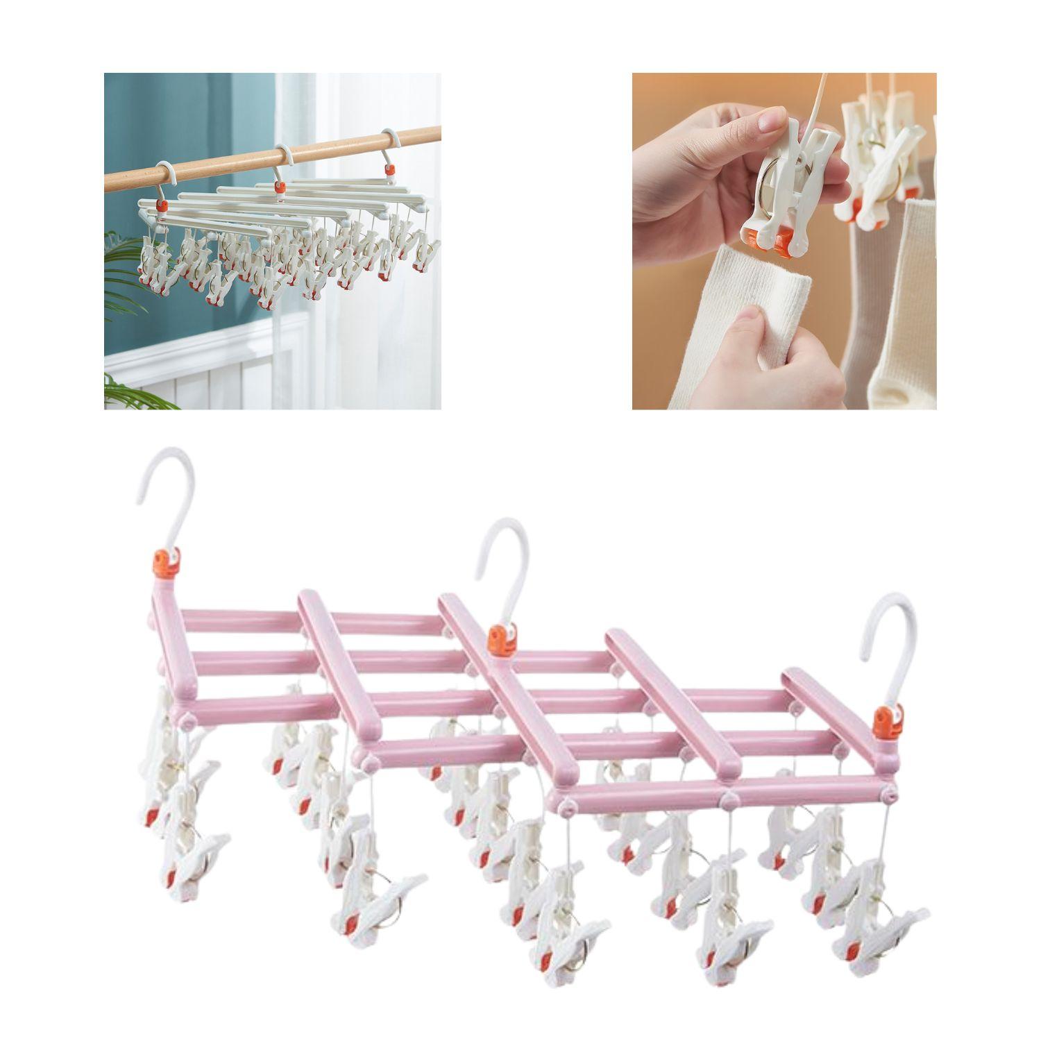 Practical Folding Clothes Hanger with Clips, 19 Clips, pink