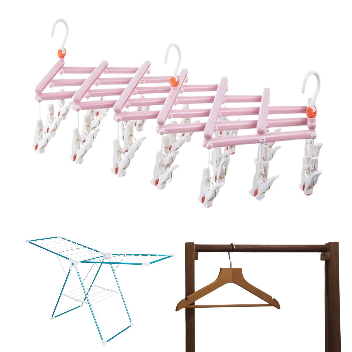 Practical Folding Clothes Hanger with Clips, 29 Clips, pink