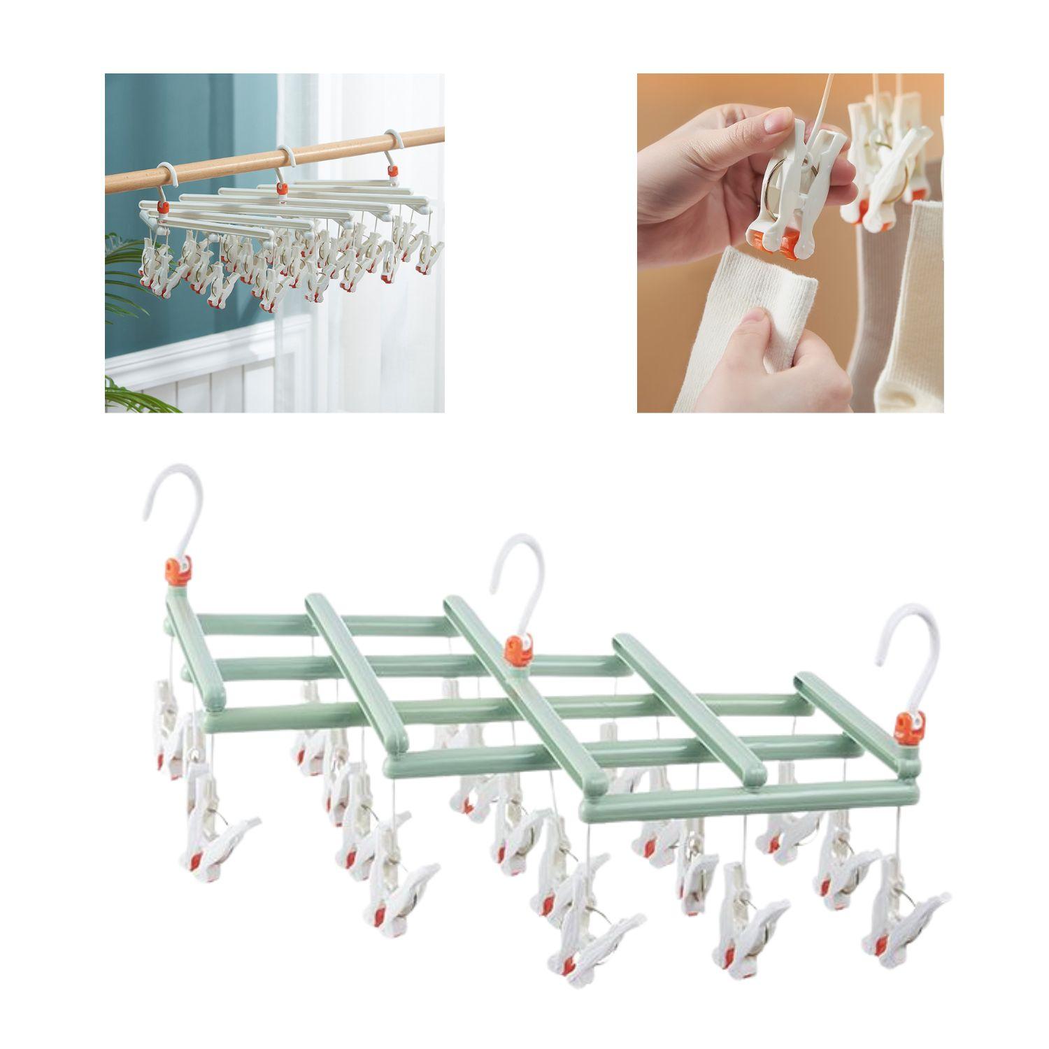 Practical Folding Clothes Hanger with Clips, 19 Clips, green