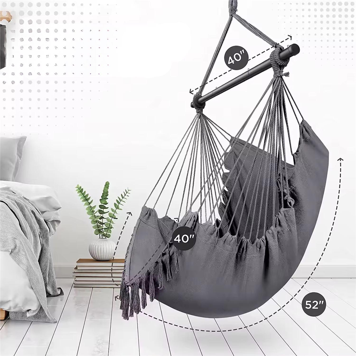 Hanging cotton swing with fringes for the garden or room - gray + assembly kit