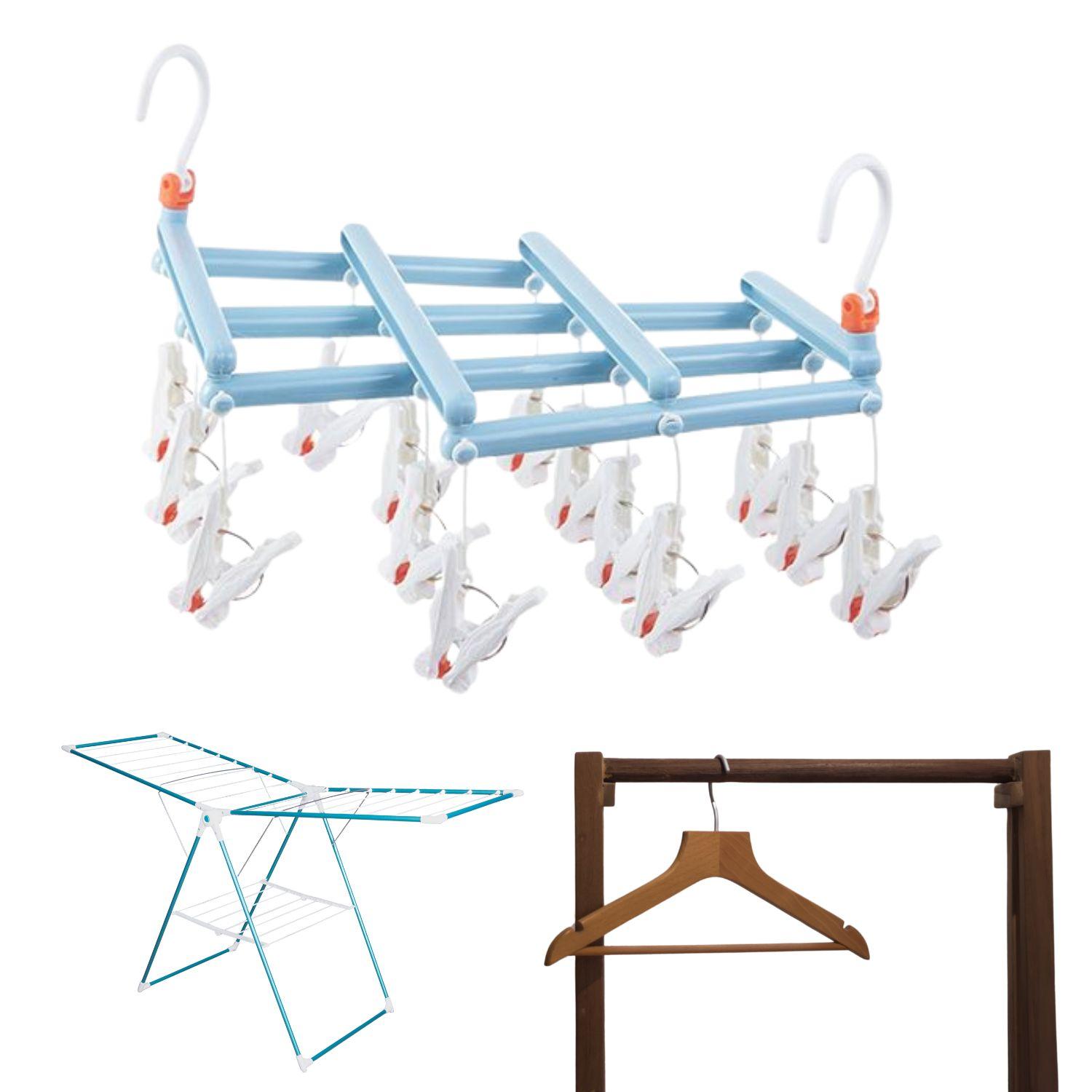 Practical Folding Clothes Hanger with Clips, 14 Clips, Light Blue