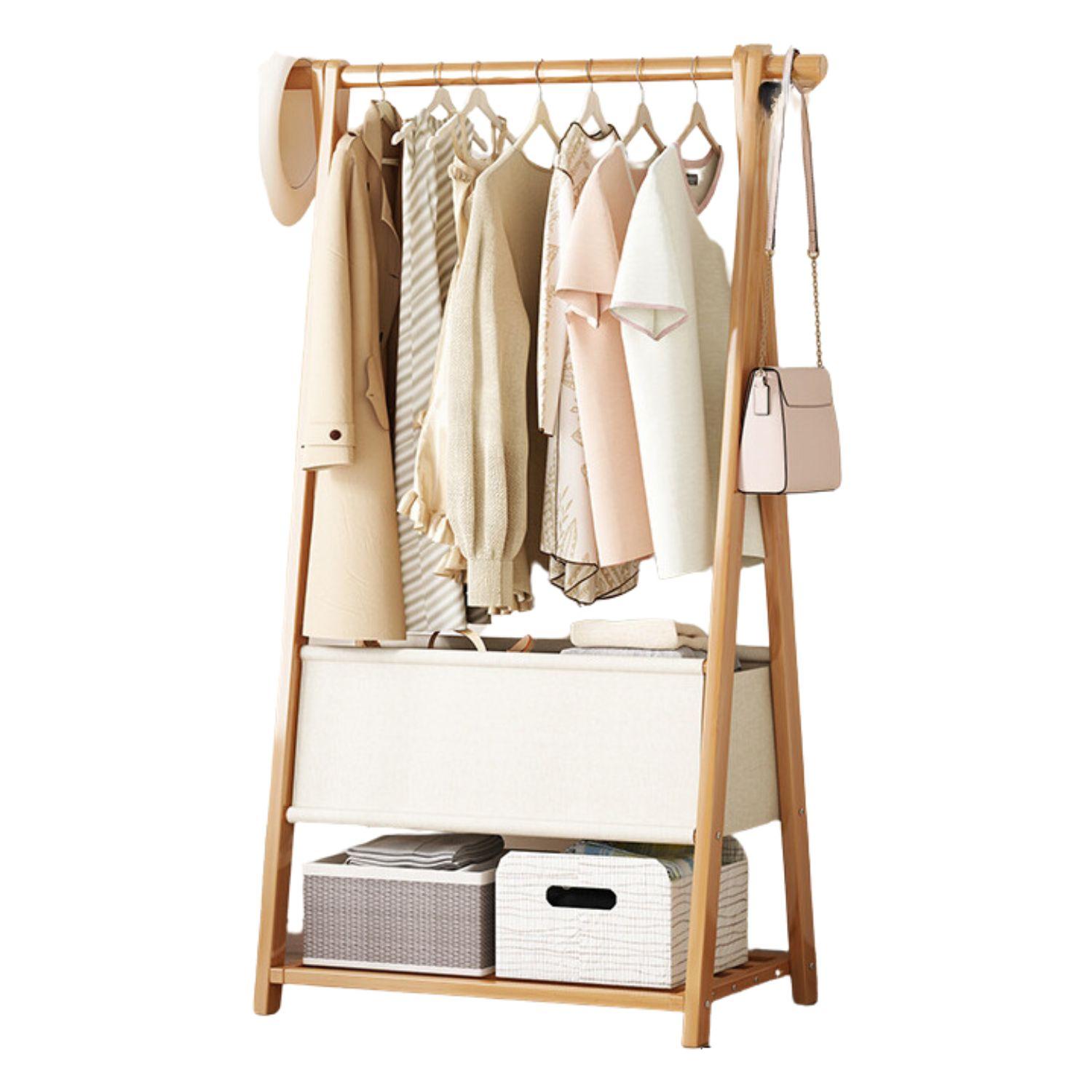 Bamboo Clothes Rack with Storage Bag and Accessory Shelf - 66 cm