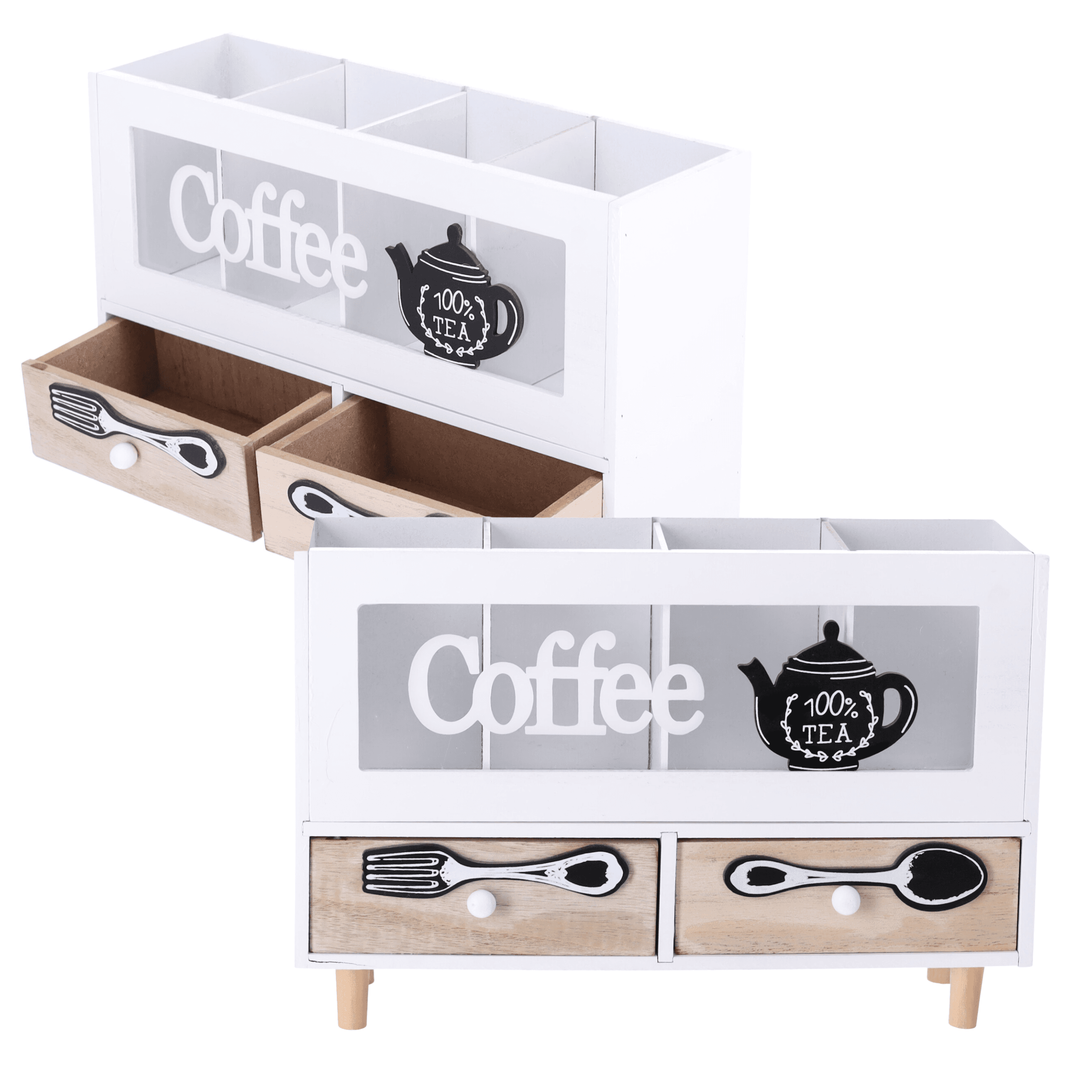 Drewniany organizer z szufladami na kawę i herbatę - biały