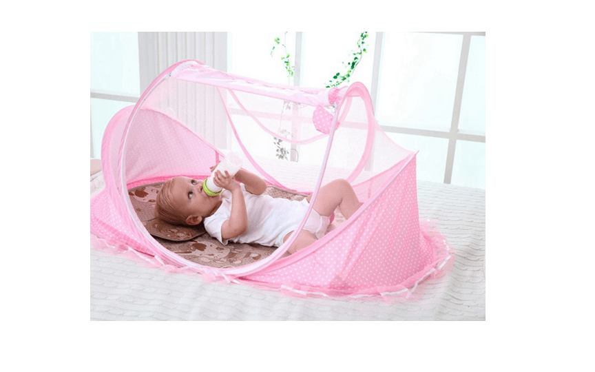 Folding travel cot with mosquito net- pink