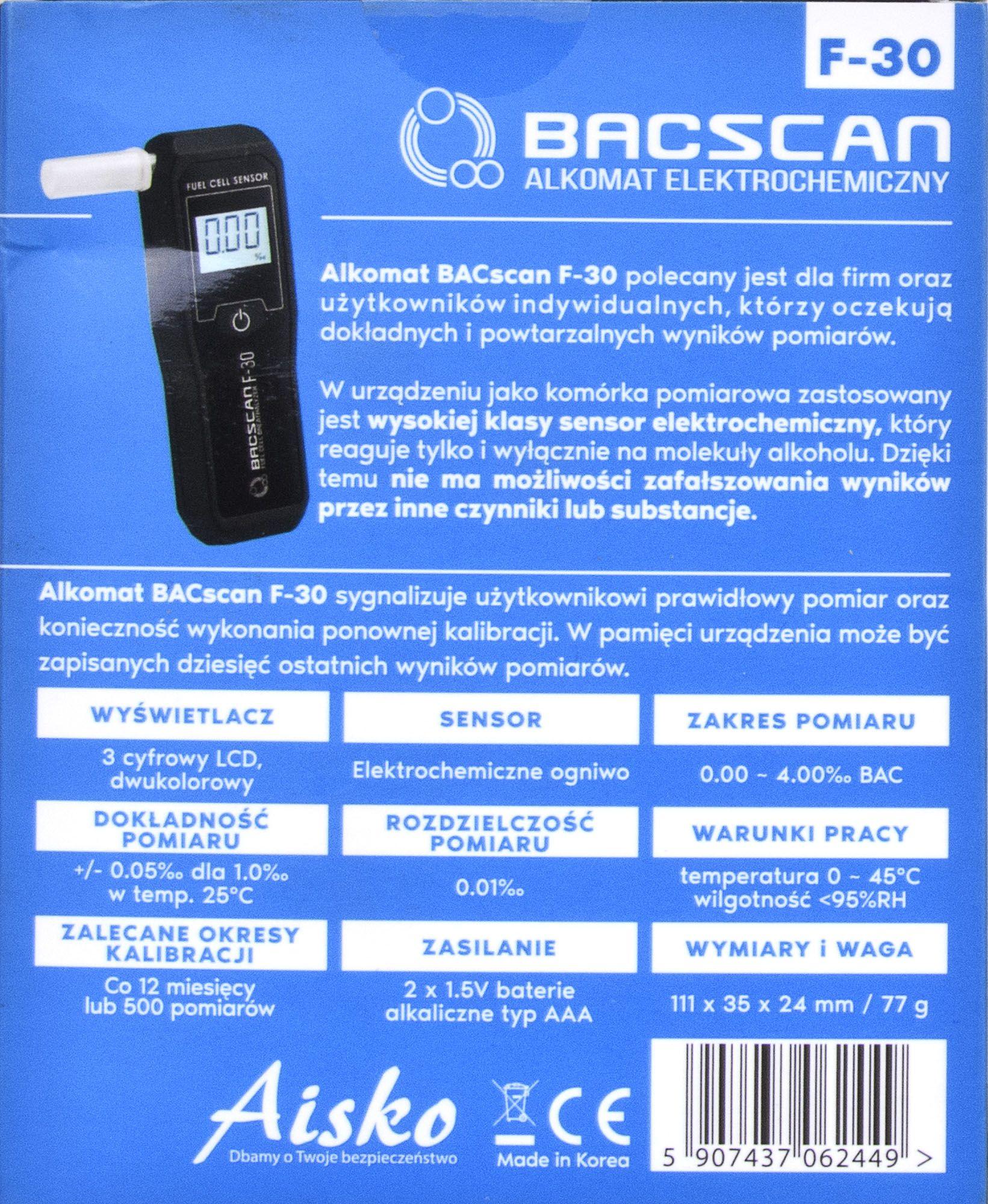 HI-TECH MEDICAL BACSCAN F-30 alcohol tester 0 - 4% Black
