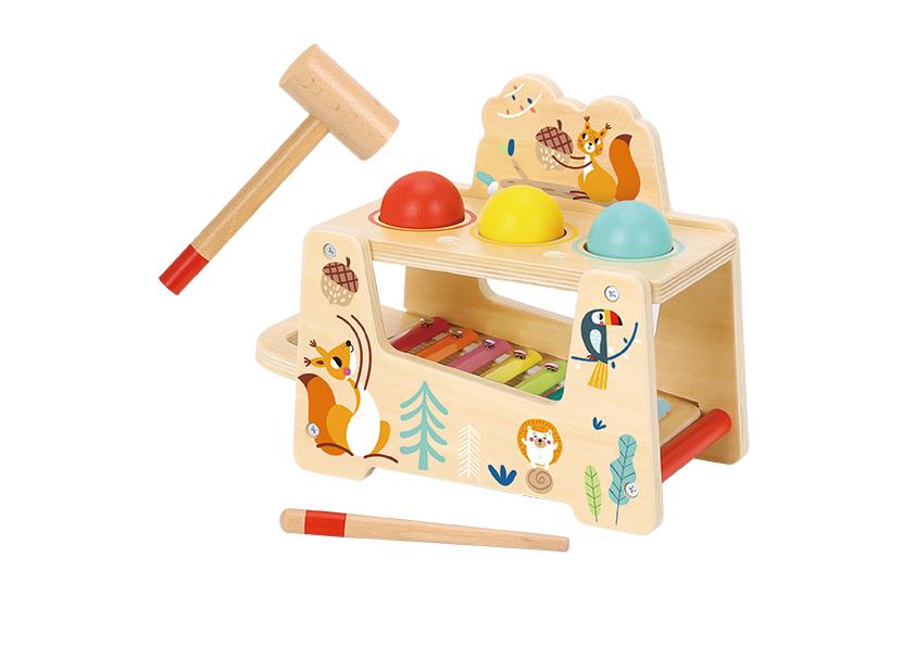 Drewniana zabawka dla dzieci wbijak sensoryczny z młoteczkiem cymbałki 2w1