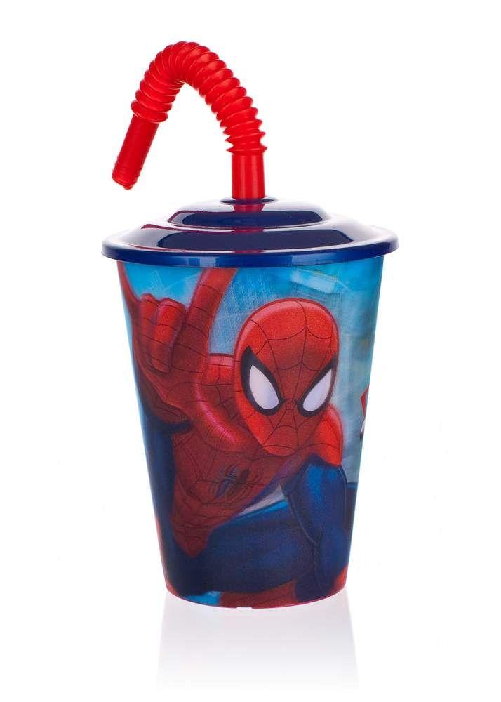 Plastic cup with a straw 450 ml Spiderman