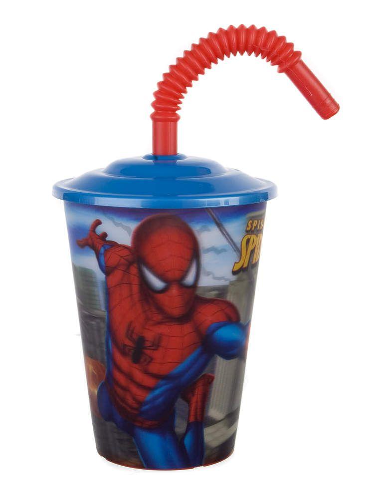 Plastic cup with a straw 450 ml Spiderman
