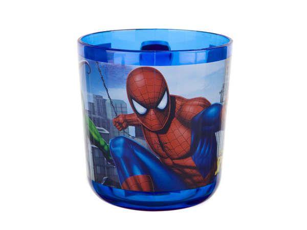 A plastic cup with a Spiderman pattern