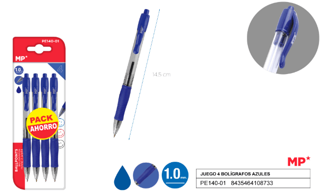 Set of 4 pens - blue 1.0mm