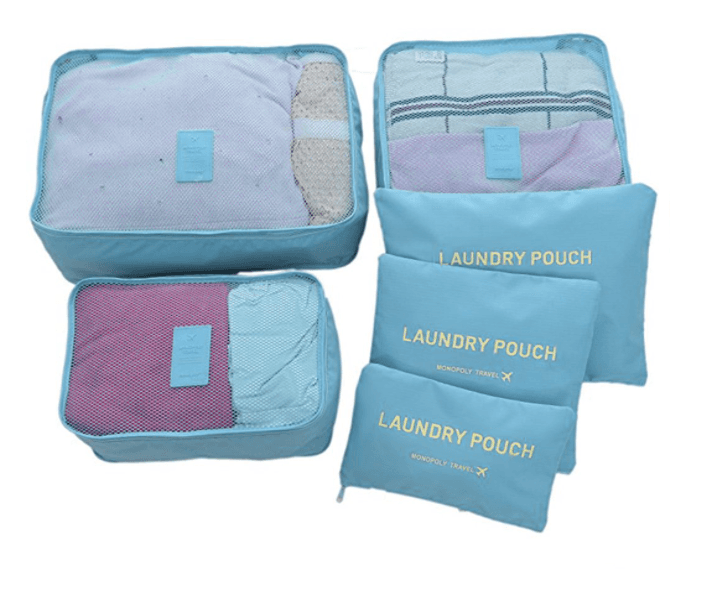A set of travel organizers for a suitcase and a wardrobe (6 pcs) — light blue