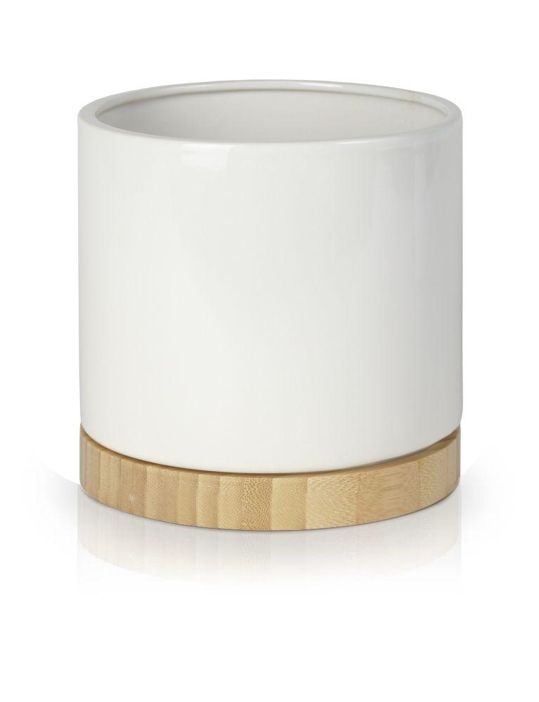 Ceramic cylinder-shaped pot - white with wooden base - large - BARCELONA collection