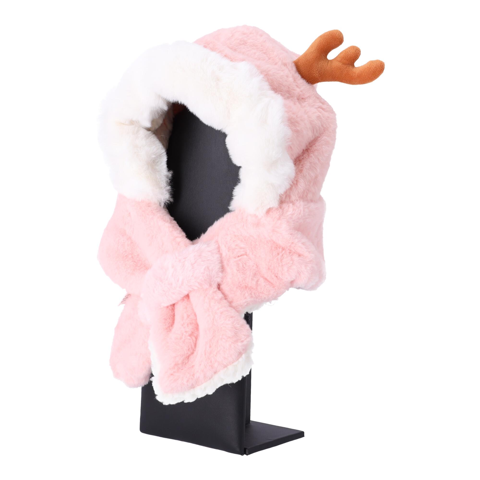 Children's plush hat with a scarf for children aged 1 to 7 – light pink with deer ears