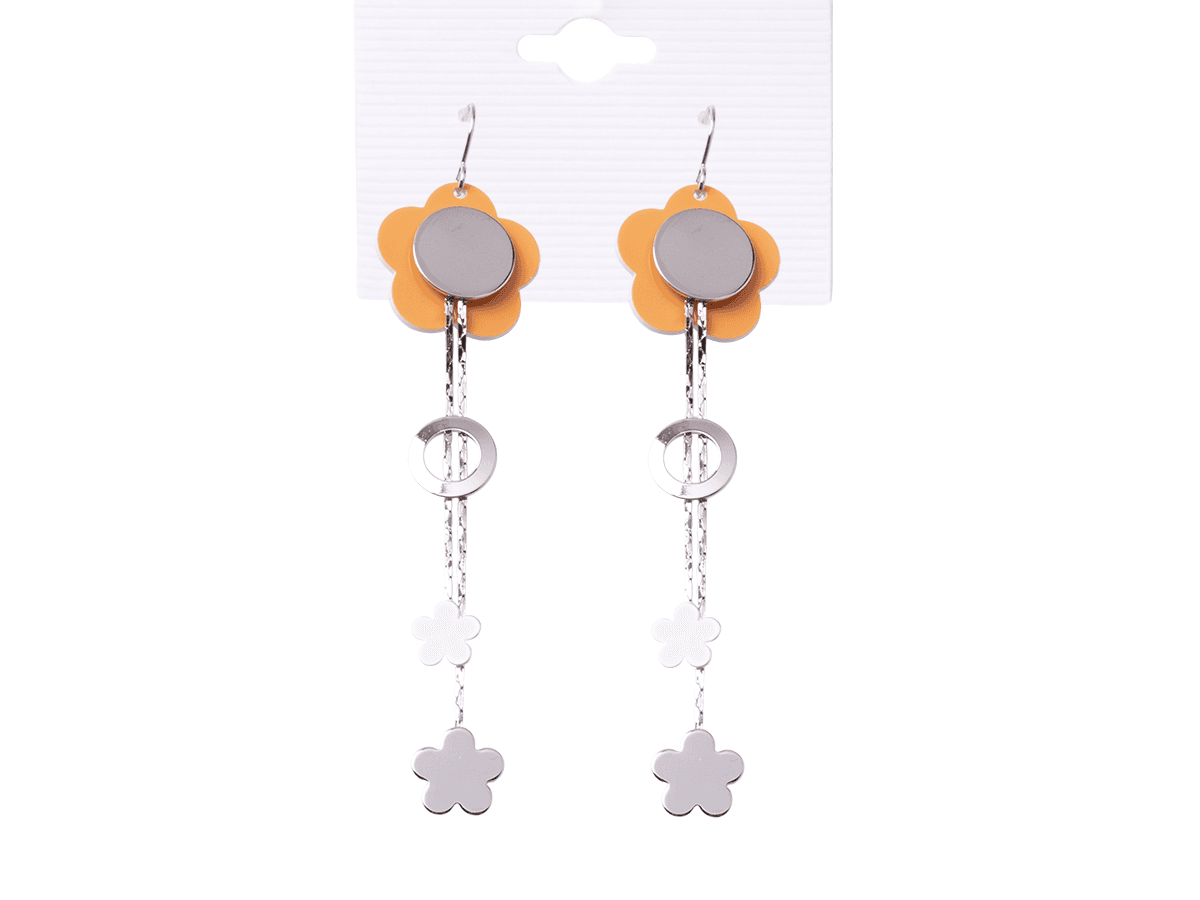 Earrings hanging orange flowers with hanging silver flowers