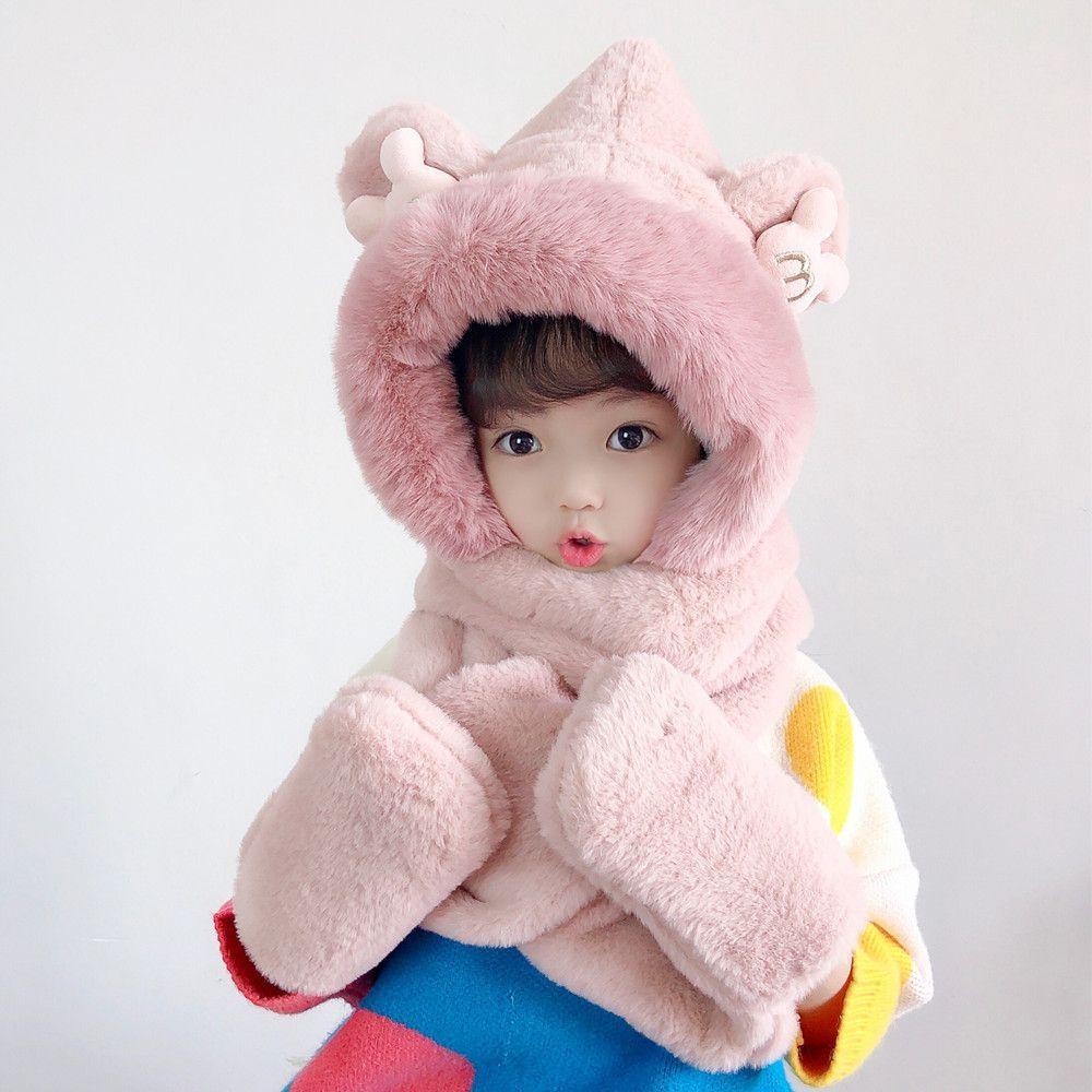 Children's plush hat with a scarf and 3in1 gloves for children from 2 to 12 years old - pink