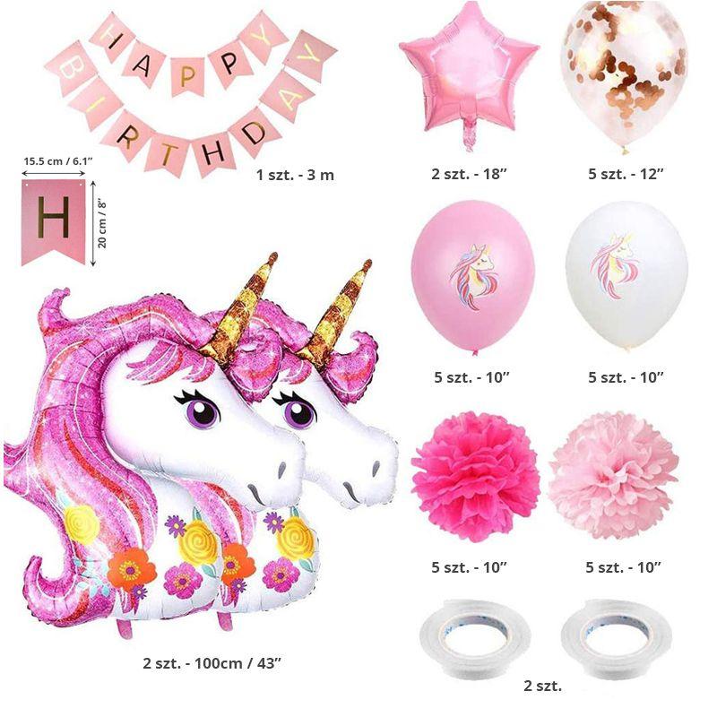 Zestaw balonów urodzinowych dla dziewczynki XXL- jednorożec
