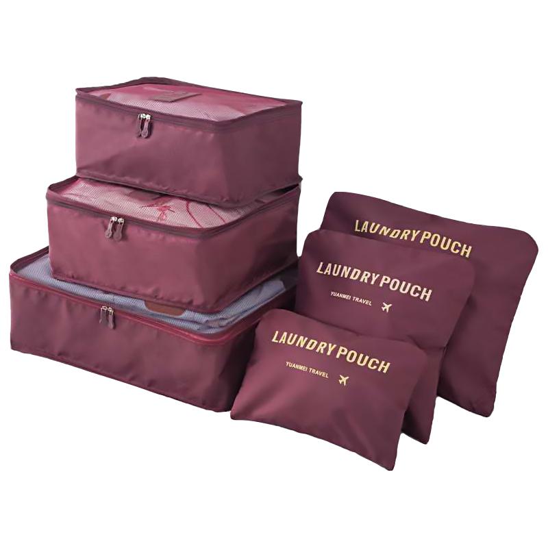 A set of travel organizers for a suitcase and a wardrobe (6 pcs) - burgundy