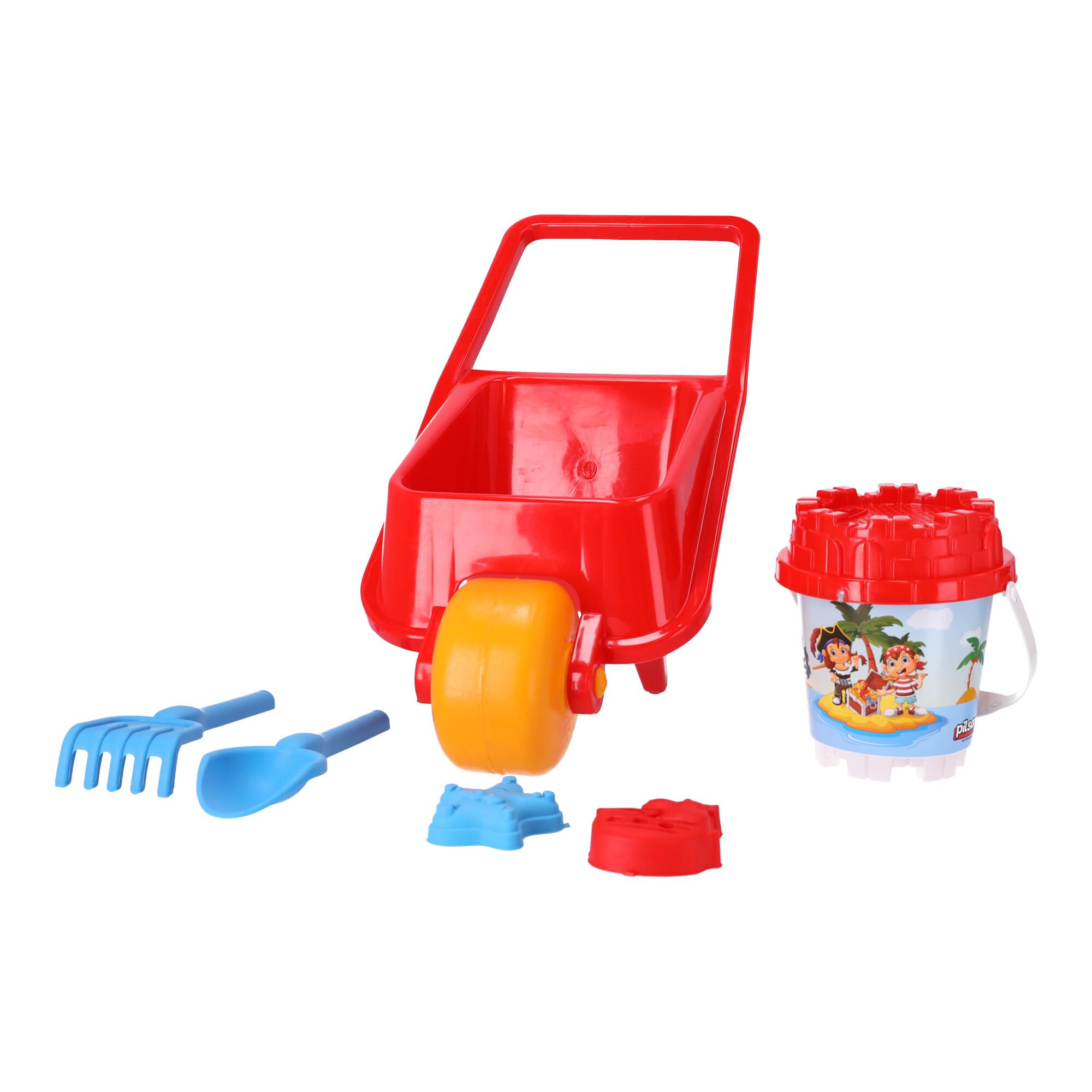 Wheelbarrow with sandbox accessories 5 items - red, Pilsan