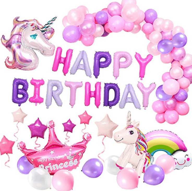 A set of birthday balloons for a girl - unicorn and princess