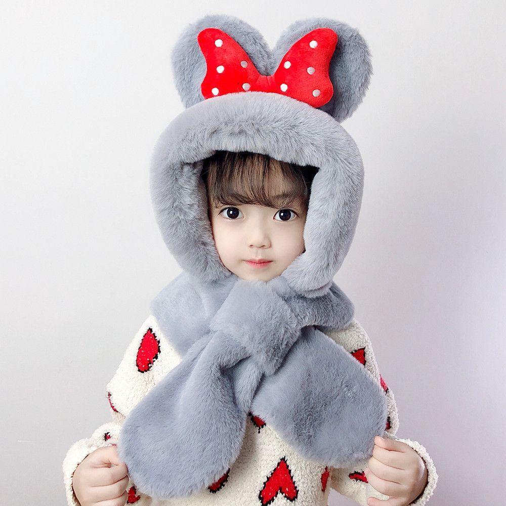 Children's plush hat with a scarf for children aged 1 to 8 - gray with a red bow