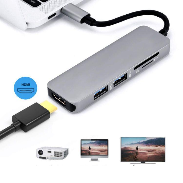Aluminum adapter HUB 5in1 USB-C to HDMI 4K, 2xUSB 3.0, Card reader