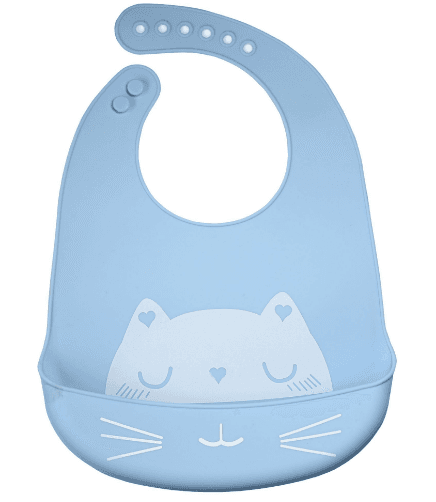 Silikonowy śliniak z kieszonką dla dzieci – niebieski, kot