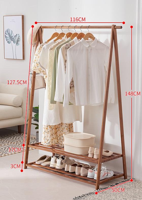 Bambusowy wolnostojący trapezowy wieszak na ubrania z 2-poziomowymi półkami, długość 116 cm