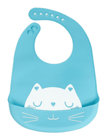 Silicone bib with a pocket for children - light blue, cat