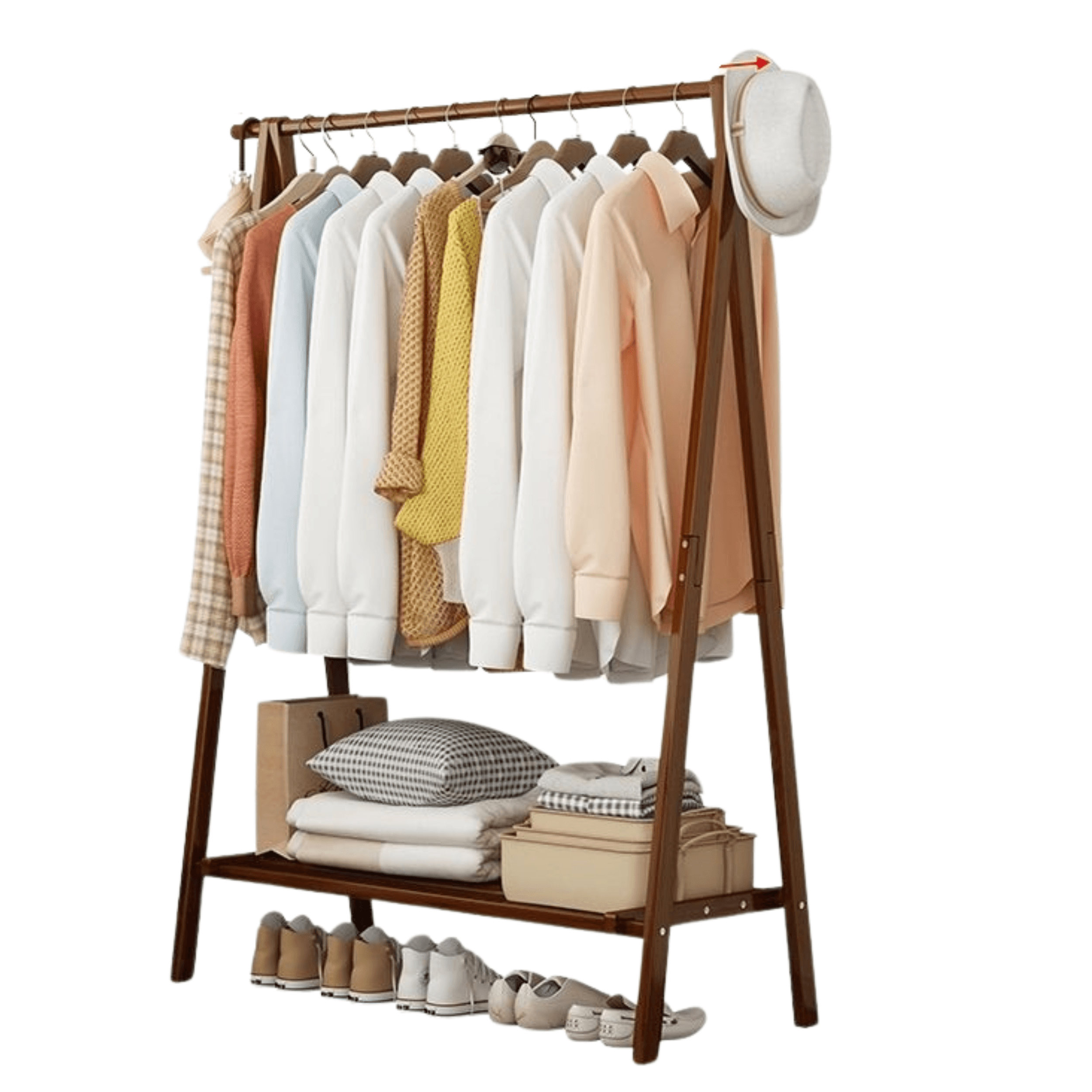 Folding bamboo free-standing trapezoidal coat rack with a shelf at the bottom, 100 cm length